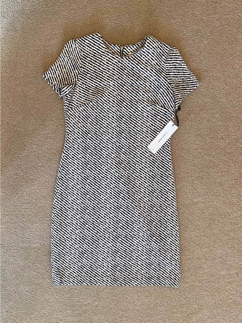 Calvin Klein NWT Black White Striped Sheath Dress Round Neck Short Sleeve Size 2